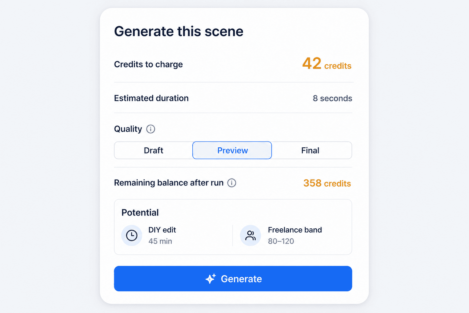 Generate estimate sheet with credits and potential comparison