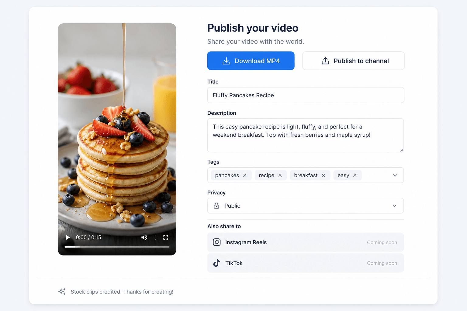 Publish screen with download and channel form