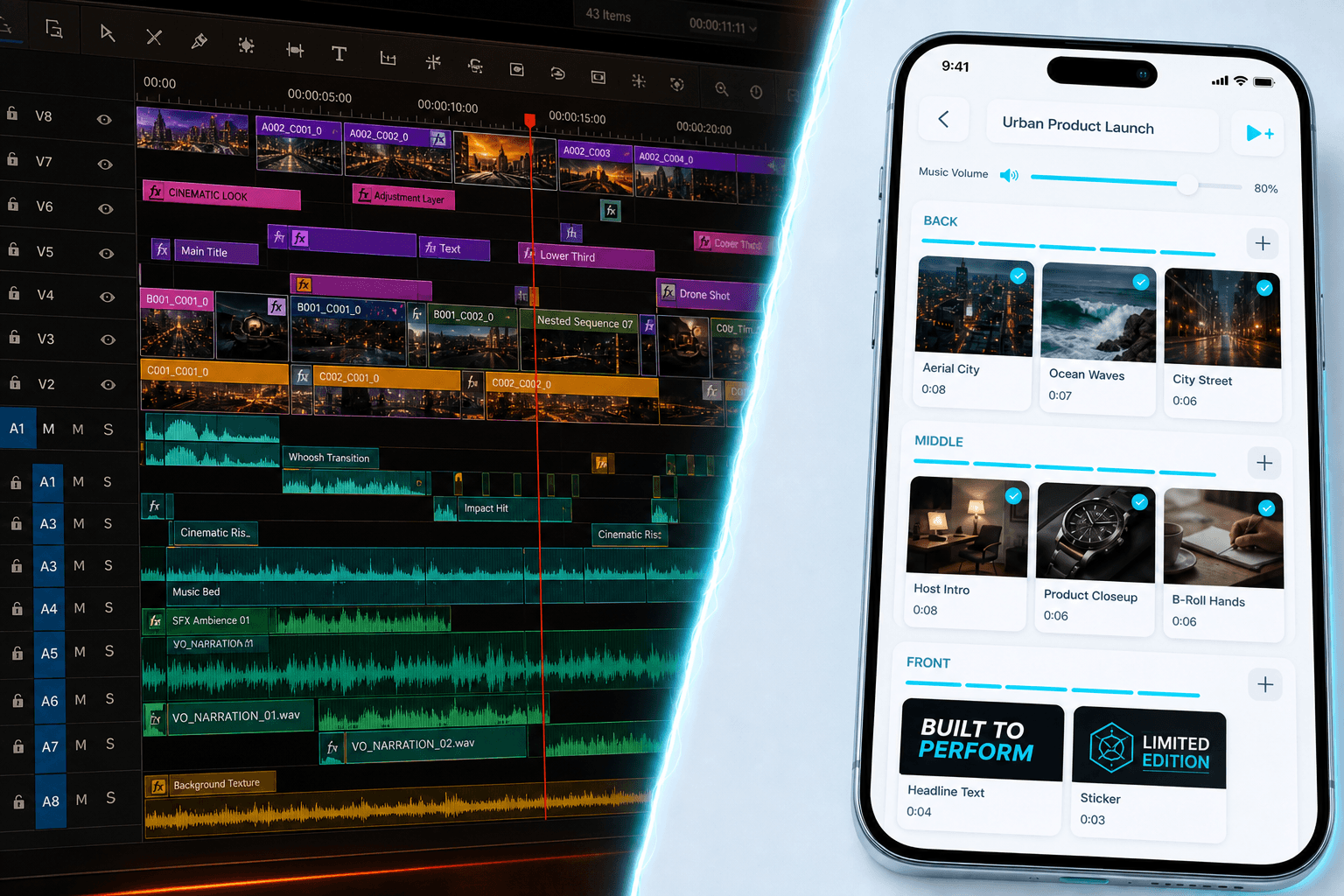 Busy dark timeline versus Anim8 scene layers on a phone
